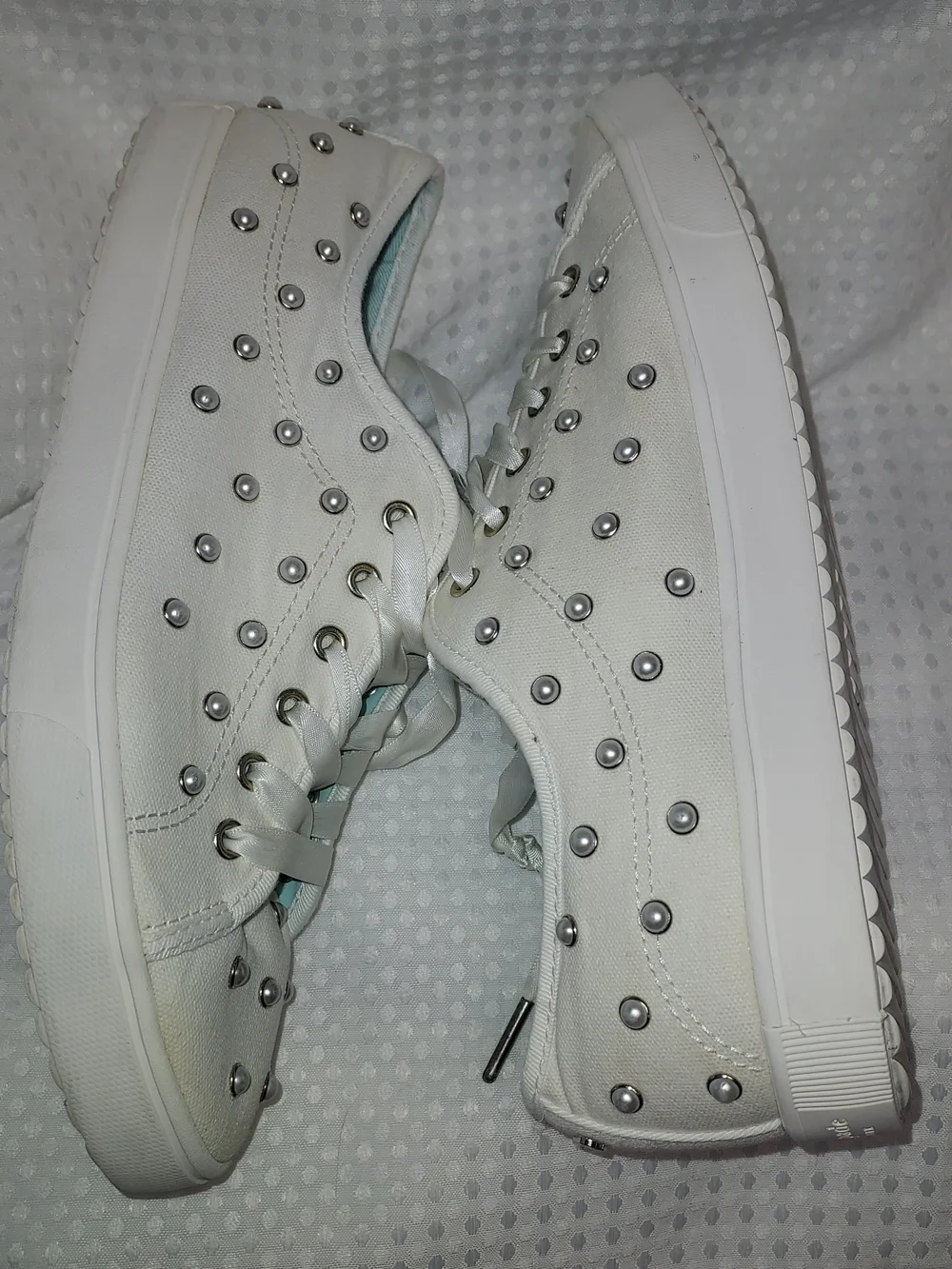 kate spade White Satin Lace-Up Sneakers with Silver Studs